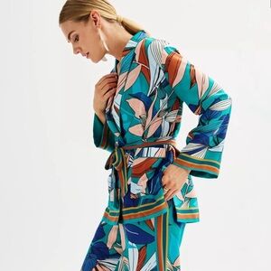 NINE WEST Teal Graphic Leaf Print Two Piece Jacket Pant Set Large